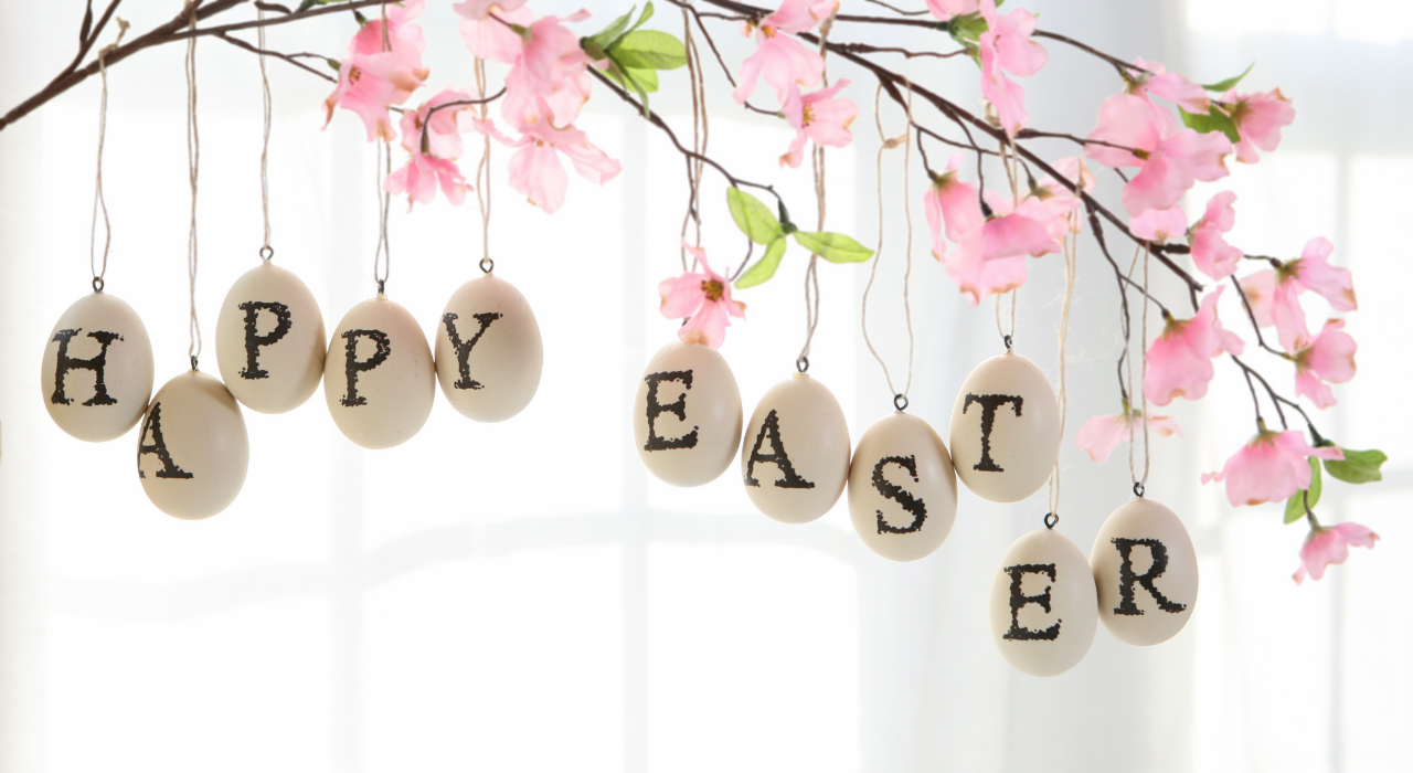 Easter 2026 | Easter activities in Essex - eggs hanging from a tree spelling out Happy Easter