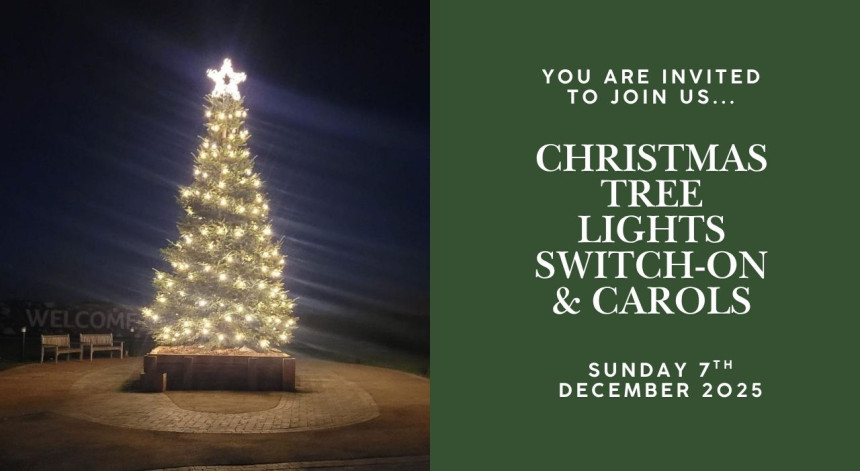 Poster promoting the Christmas tree lights switch on at Burnham Waters in Essex, with a photo of a lit up Christmas tree.