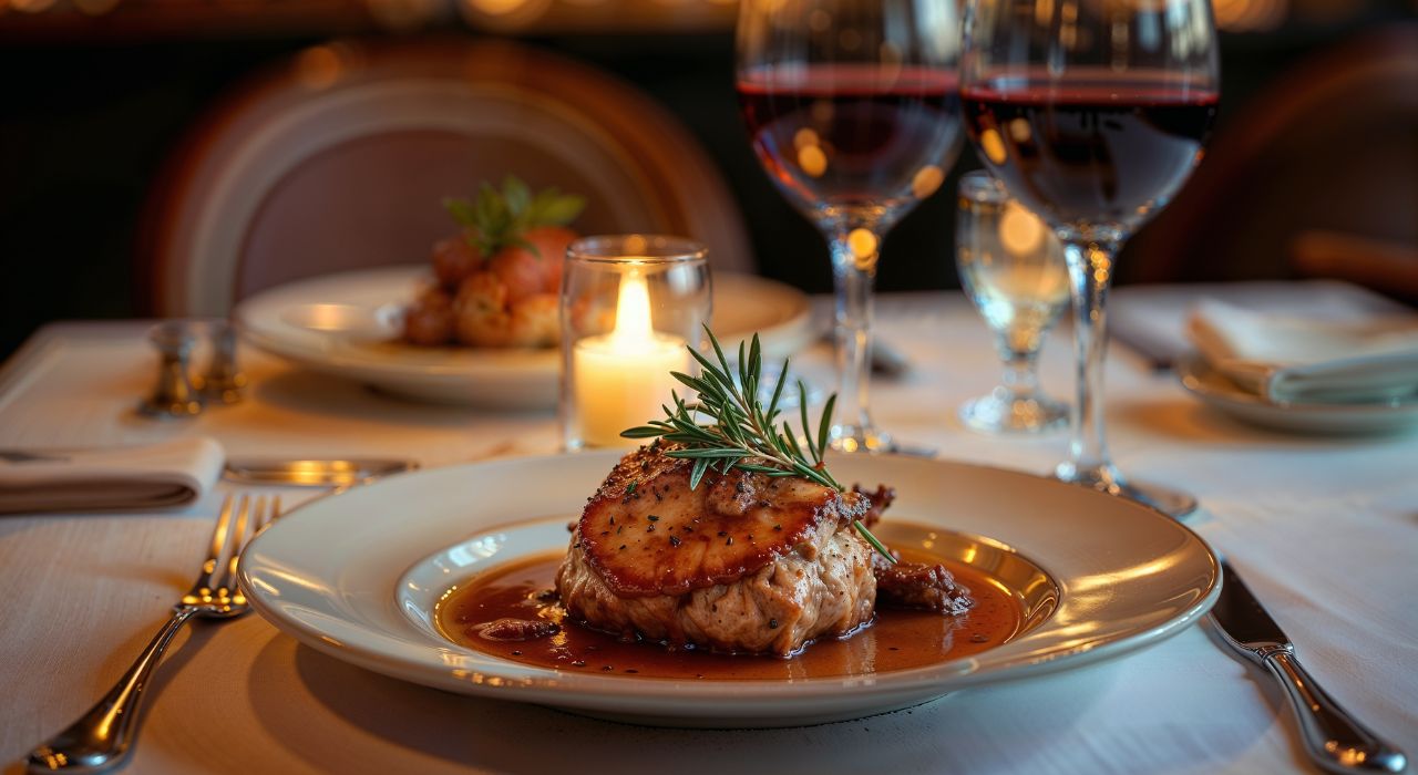 Table set with food and red wine - Restaurants for Valentine's Day 2026 in Essex