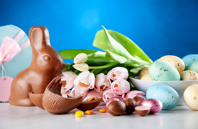 An image of Easter chocolate and tulips to represent spring and Easter activities for 55 and overs.