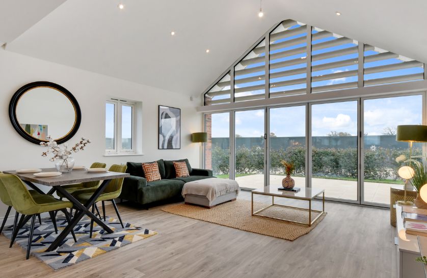 New homes week 2026. Interior lounge photo of a new build bungalow at Burnham Waters.