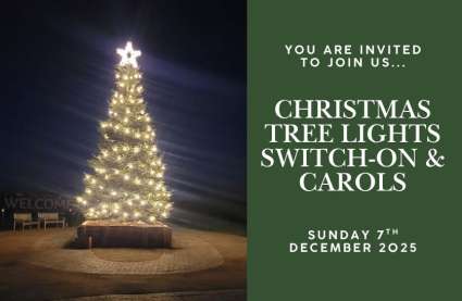 Poster promoting the Christmas tree lights switch on at Burnham Waters in Essex, with a photo of a lit up Christmas tree.