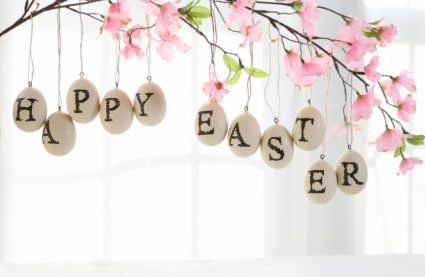 Easter 2026 | Easter activities in Essex - painted eggs hanging from a tree spelling out Happy Easter
