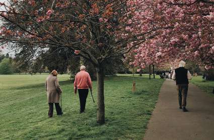 An image of an older couple walking in the park to represent Essex villages to visit.
