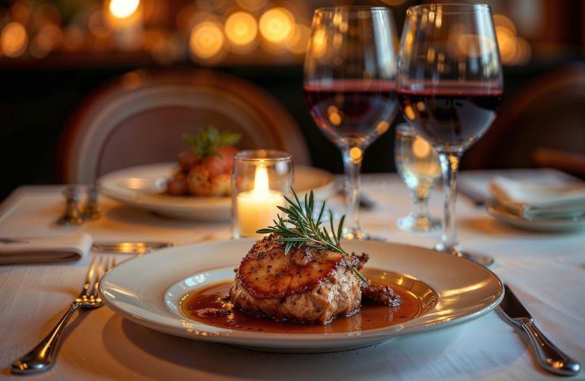 Table set with food and red wine - Restaurants for Valentine's Day 2026 in Essex